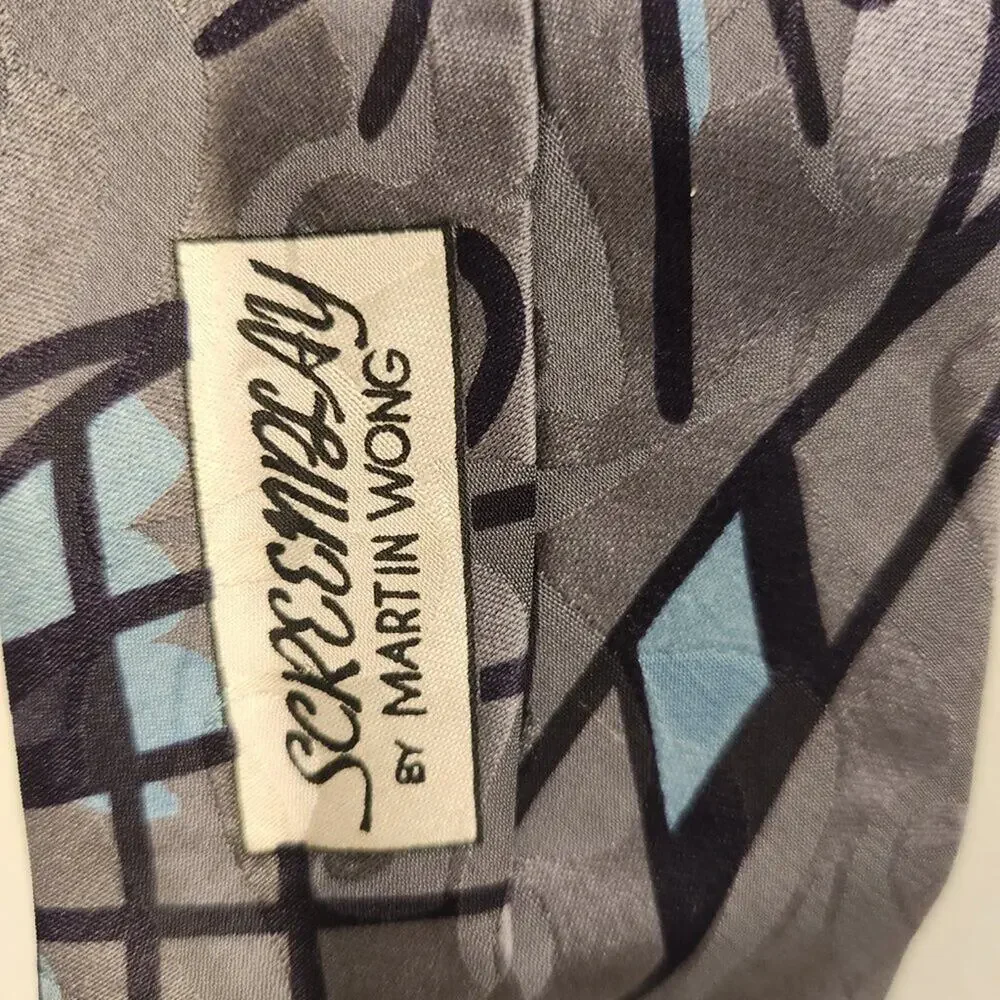 Vintage Screenplay Martin Wong Silk Tie Abstract Retro Bold Classic Grey Blue